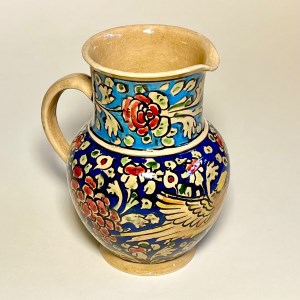پارچ کوچک سفالی نقاشی زیرلعابی گل و مرغ لاجورد