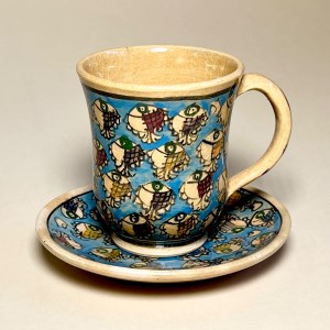 فنجان نعلبکی چای خوری سفالی نقاشی زیرلعابی ماهی آبی آسمانی