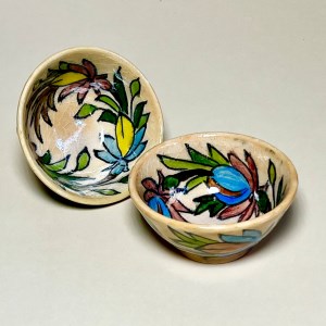 جفت کاسه/پیاله سفالی ترشی خوری نقاشی زیرلعابی گل و بوته سنتی