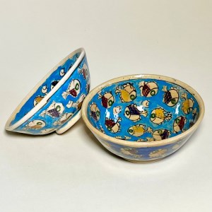 کاسه/پیاله ماست خوری سفالی نقاشی زیرلعابی ماهی ریز آبی آسمانی 