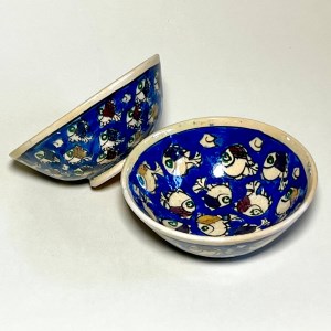 پیاله/کاسه سفالی ماست خوری نقاشی ماهی ریز زیرلعابی سنتی لاجورد