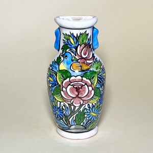 گلدان دیواری قدیمی سفالی نقاشی زیرلعابی گل و بوته/گل و مرغ