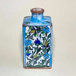 چای دان/گلدان سفالی نقاشی زیرلعابی گل و بوته سنتی آبی آسمانی