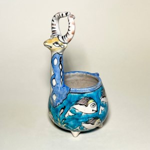 آجیل خوری بز قدیمی نقاشی حوض ماهی زیرلعابی 