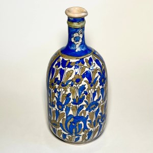 آبخوری/گلدان بزرگ سفالی نقاشی گل و بوته زمینه لاجورد زیرلعابی
